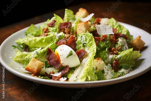 Crispy bacon bits adding a savory touch to a Caesar salad