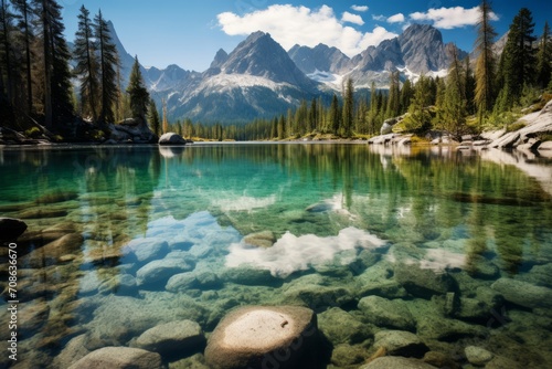 Crystal clear lake reflecting a picturesque mountain range
