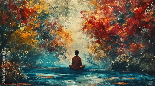 Painting of a Person Meditating in a Peaceful Forest