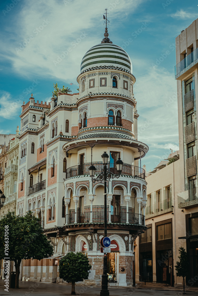 Colonial Marvel: Moroccan-Inspired Architecture with Vibrant Painted Facades in Seville's Old Town