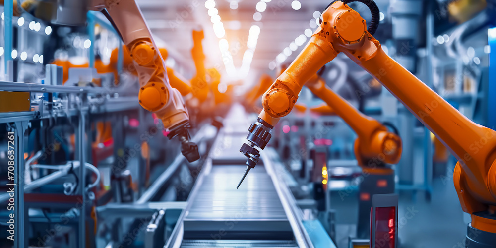 Roboter Arme in der Fabrik am Laufband zur Fertigung, ai generativ