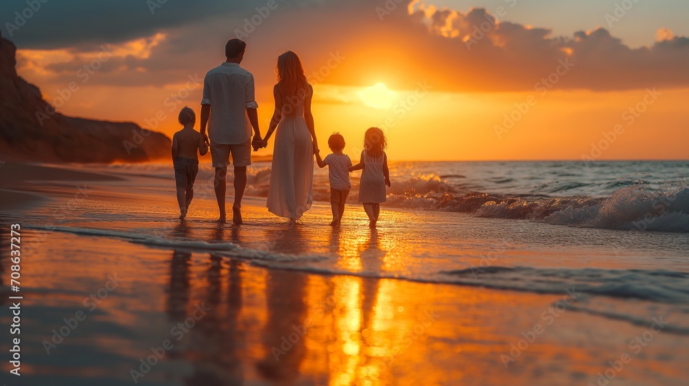 Family Walking on Beach at Sunset, Tranquil, Relaxing Moment by the Water. Generative AI.