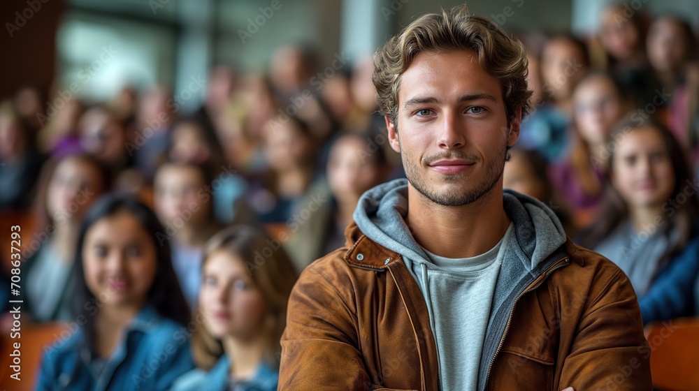 Naklejka premium Man in Brown Jacket Standing in Front of Group of People. Generative AI.