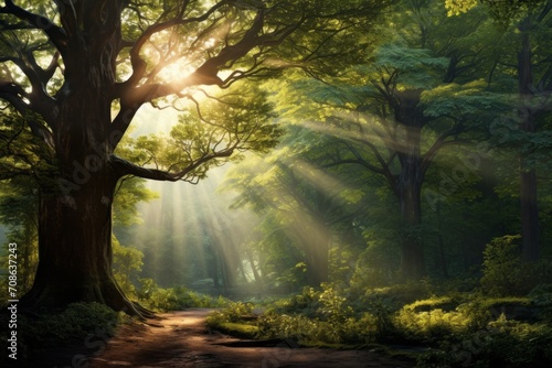 Enchanted forest with sunlight casting magical rays through the trees © KerXing