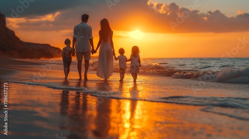 Family Walking on Beach at Sunset, Tranquil, Relaxing Moment by the Water. Generative AI. © Black AI