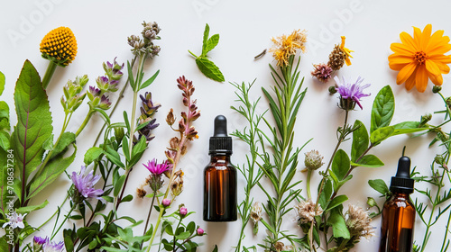 essential oils and herbs on a white background photo