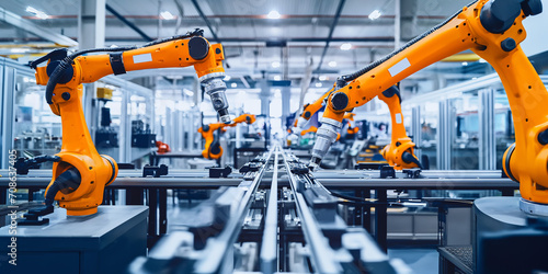 Roboter Arme in der Fabrik am Laufband zur Fertigung, ai generativ photo