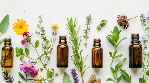 essential oils and herbs on a white background photo