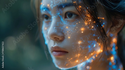 Womans Face Covered in Glowing Lights, Radiant Beauty Illuminates Her Features. Generative AI.