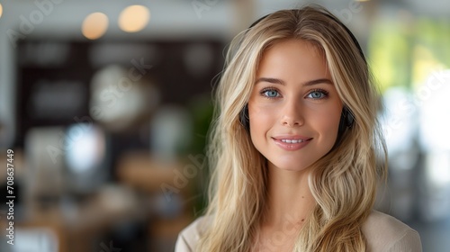 Woman With Blonde Hair and Blue Eyes. Generative AI.