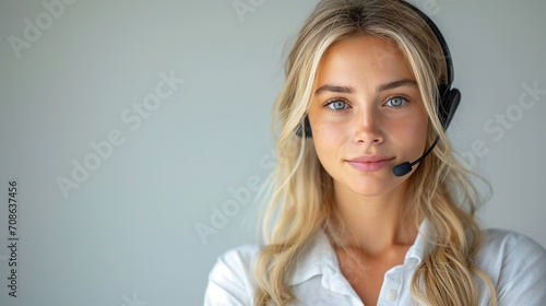 Beautiful Blond Woman Wearing a Headset. Generative AI.