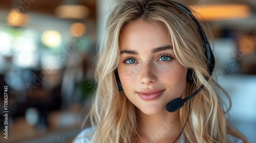 Beautiful Blond Woman Wearing Headset for Communication and Customer Service. Generative AI.