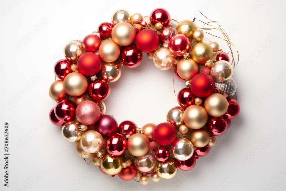 Christmas holiday wreath with lights and ornaments creatively arranged on a white isolated background Christmas holiday wreath with lights and ornaments creatively arranged on a white isolated background