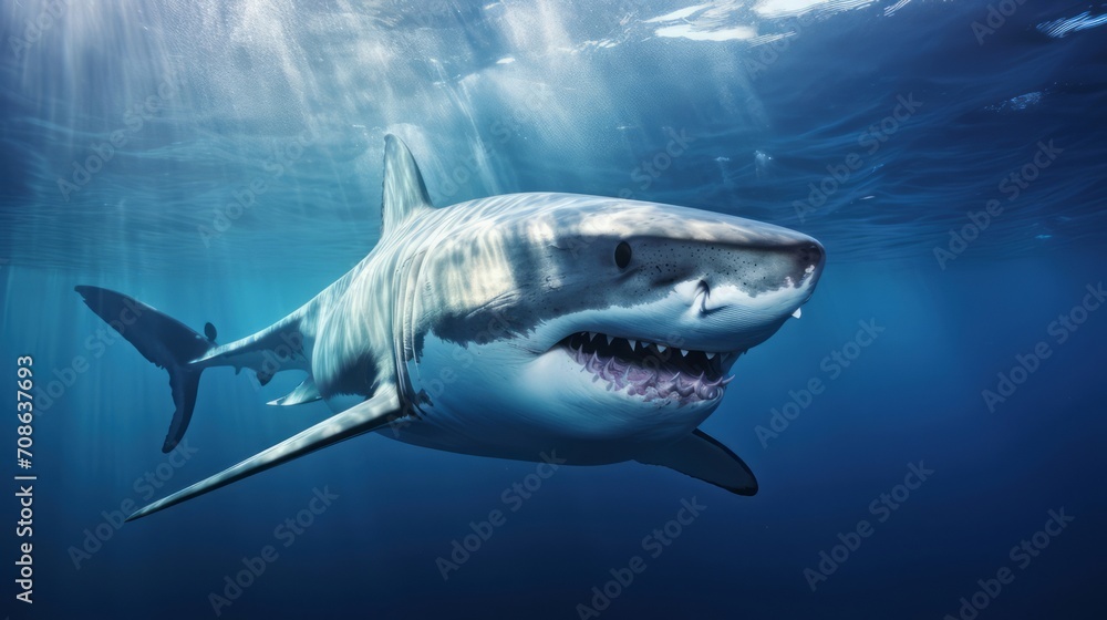 Majestic great white shark gliding through the crystal clear ocean waters