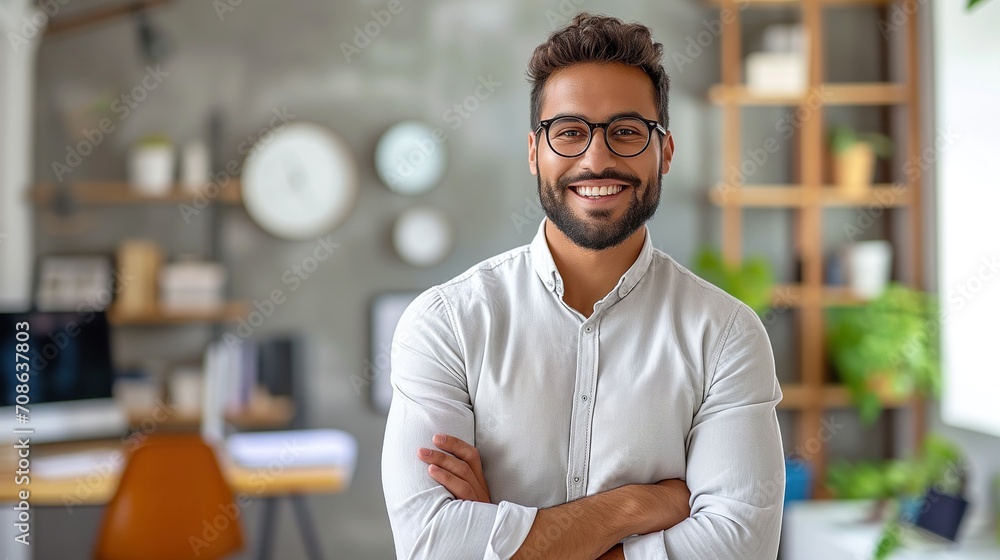 Man in White Shirt and Glasses Standing With Crossed Arms. Generative AI. Man in White Shirt and Glasses Standing With Crossed Arms. Generative AI.