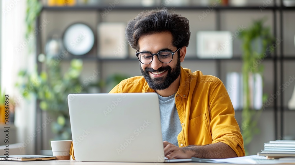 Man Sitting at Desk Using Laptop Computer for Work or Study. Generative AI. Man Sitting at Desk Using Laptop Computer for Work or Study. Generative AI.