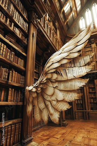 Sculpted wings from book pages emerge from a mirror in a classic library.