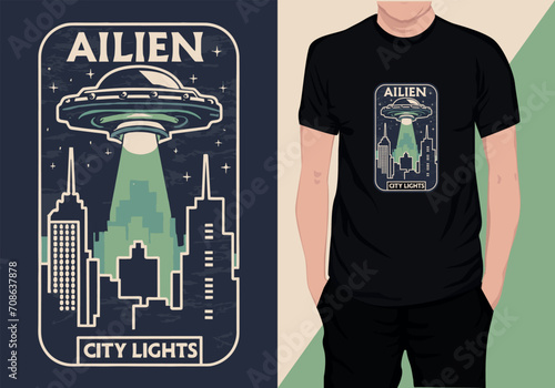 Retro Vintage Alien T-shirt Design,Alien City Lights T-Shirt Design
