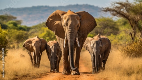 Group of elephants walking along a dusty road