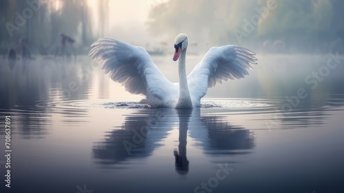 Majestic swan gracefully swimming with its wings spread wide photo