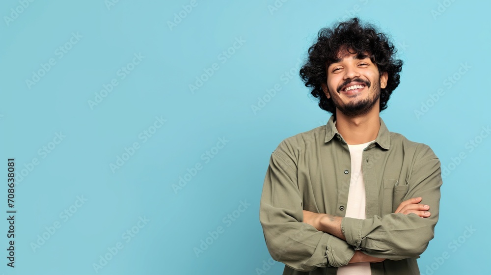 Man With Crossed Arms Standing in Front of Blue Background. Generative AI. Man With Crossed Arms Standing in Front of Blue Background. Generative AI.
