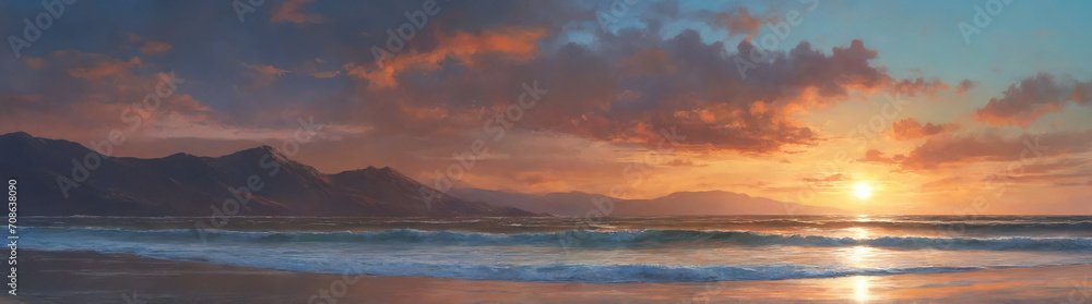 Sunset on beach with dramatic clouds and mountainous backdrop
