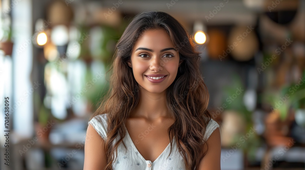 Beautiful Young Woman Standing in Front of Potted Plant. Generative AI.