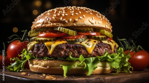 Close-up of a delicious cheeseburger with pickles  tomatoes  and lettuce