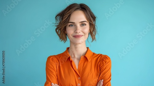 Woman in Orange Shirt Poses for Picture, Simple, Clear, and Informative Shot. Generative AI.