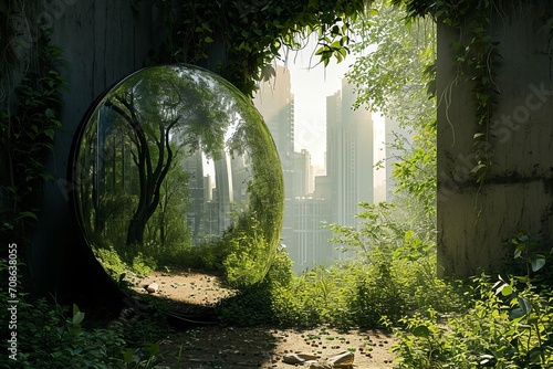 Ornamental mirror stands on a natural path, reflecting a stark, tree-lined view.