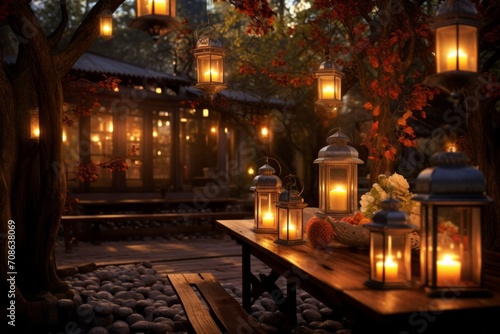 Glowing lanterns and candles creating a warm and cozy atmosphere.