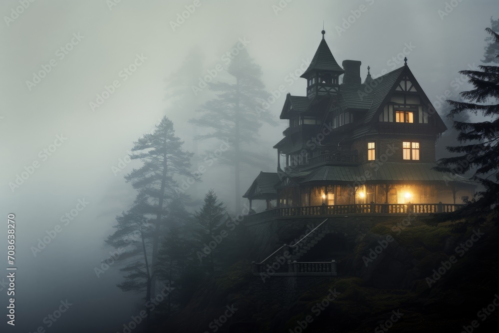 Haunted house surrounded by fog. Halloween horror background Haunted house surrounded by fog. Halloween horror background