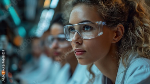 Group of People in Lab Coats and Safety Glasses Conducting Experiments in a Laboratory. Generative AI.