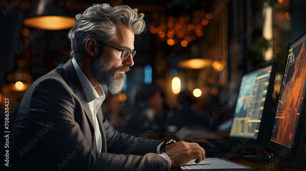 Man Sitting at Desk With Computer, Office Work, Technology, Business, Workplace, Productivity. Generative AI. Man Sitting at Desk With Computer, Office Work, Technology, Business, Workplace, Productivity. Generative AI.