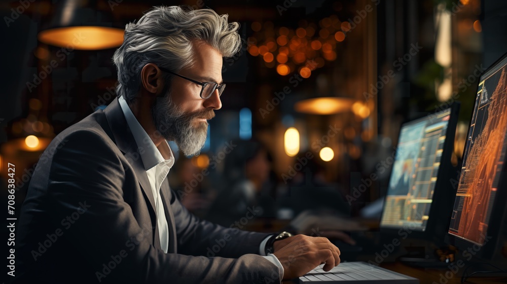 Man Sitting at Desk With Computer, Office Work, Technology, Business, Workplace, Productivity. Generative AI.