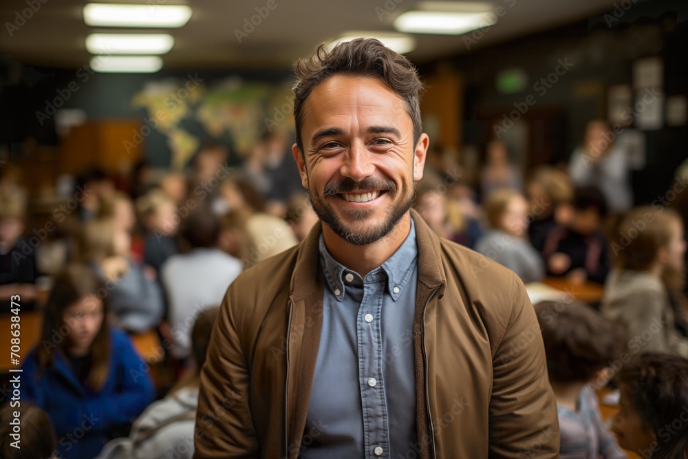 Fototapeta premium Man Standing in Front of Large Audience at Public Speaking Event. Generative AI.