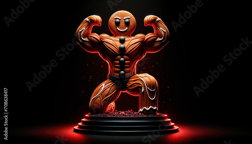 A 3D render of a gingerbread man as a bodybuilder in a dynamic pose, flexing muscles, centered and isolated on a black background