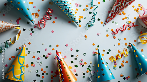 Celebratory party hats amongst a sprinkle of multicolored confetti on a light surface.