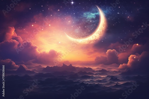 Islamic crescent moon on vibrant sky design photo