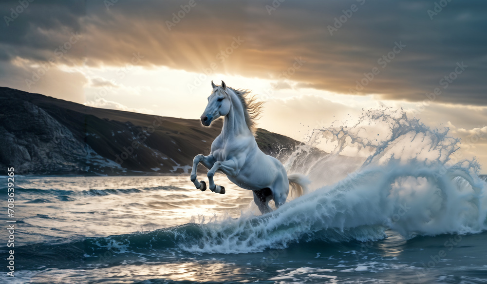 white horse rearing in the splashes of sea waves at sunset - obrazy, fototapety, plakaty 
