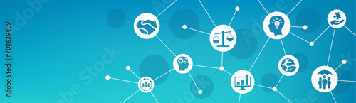 core values vector illustration. Blue banner with icons on business ethics & conduct, corporate culture, industry / management policy, mission statement, social responsibility of an organization.