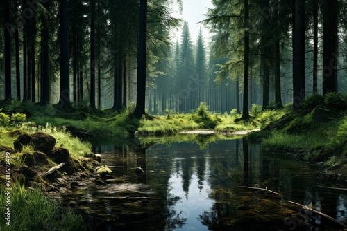 Peaceful forest clearing with a calm pond mirroring the surroundings