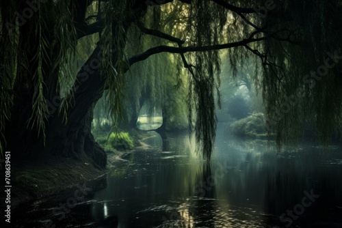 Peaceful pond surrounded by weeping willow trees