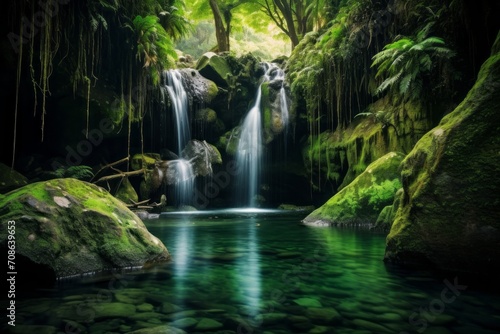 Pristine waterfall cascading into a hidden emerald pool