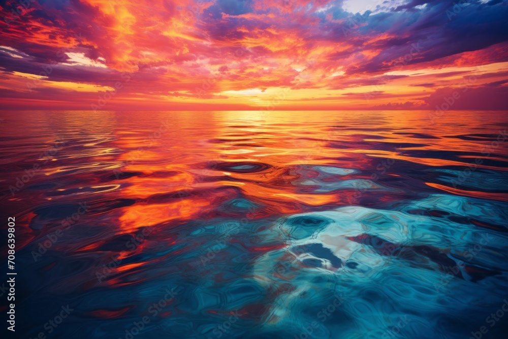 Reflective water surface capturing the beauty of a vibrant sunset