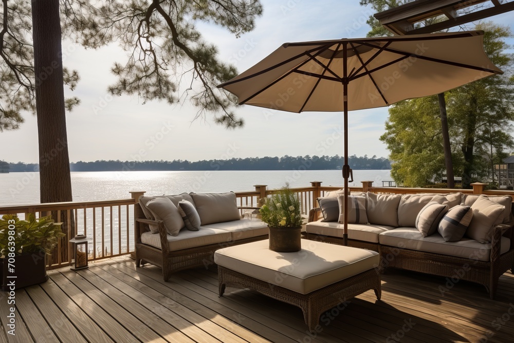 Relaxation at the beach house: comfortable seating on a spacious deck