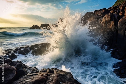 Rocky coastline meeting crashing waves, showcasing the power of nature © KerXing