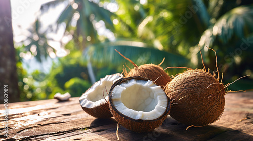 Ripe half cut coconut on a wooden background photo