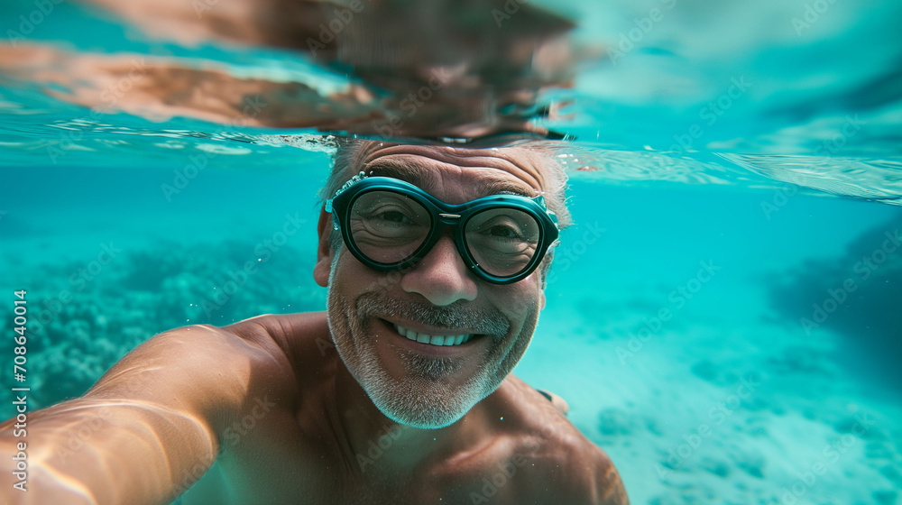 Active Senior Man Snorkelling and Diving in Clear Water at the Beach.