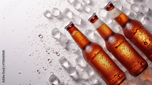 Group of ales amber Beer Bottles with ice cube on white Table
